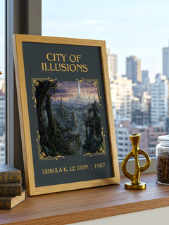 City of Illusions Classic Book Art Print by Ursula K. Le Guin – framed print on a city-view windowsill