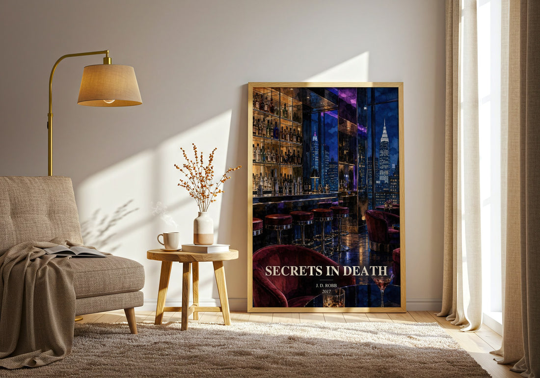 Secrets In Death watercolour print in frame leaning in hallway – mystery wall art (mockup)