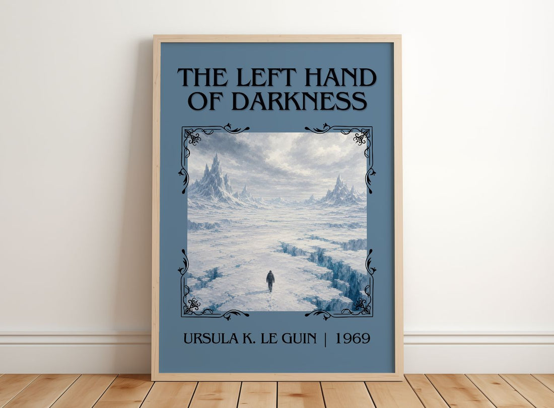 The Left Hand of Darkness Classic Book Art Print by Ursula K. Le Guin – framed print leaning on a wooden floor