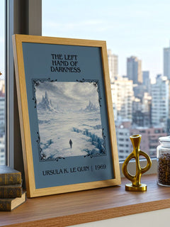 The Left Hand of Darkness Classic Book Art Print by Ursula K. Le Guin – framed print on a city-view windowsill