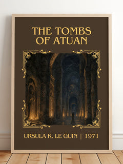 The Tombs of Atuan Classic Book Art Print by Ursula K. Le Guin – framed print leaning on a wooden floor
