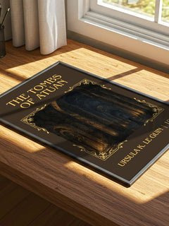 The Tombs of Atuan Classic Book Art Print by Ursula K. Le Guin – print on a sunlit desk