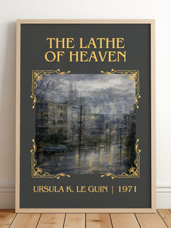 The Lathe of Heaven Classic Book Art Print by Ursula K. Le Guin – framed print leaning on a wooden floor