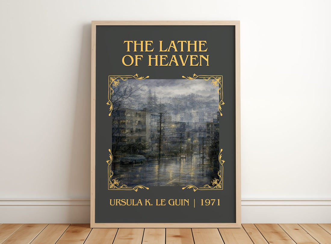 The Lathe of Heaven Classic Book Art Print by Ursula K. Le Guin – framed print leaning on a wooden floor