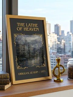The Lathe of Heaven Classic Book Art Print by Ursula K. Le Guin – framed print on a city-view windowsill