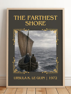 The Farthest Shore Classic Book Art Print by Ursula K. Le Guin – framed print leaning on a wooden floor
