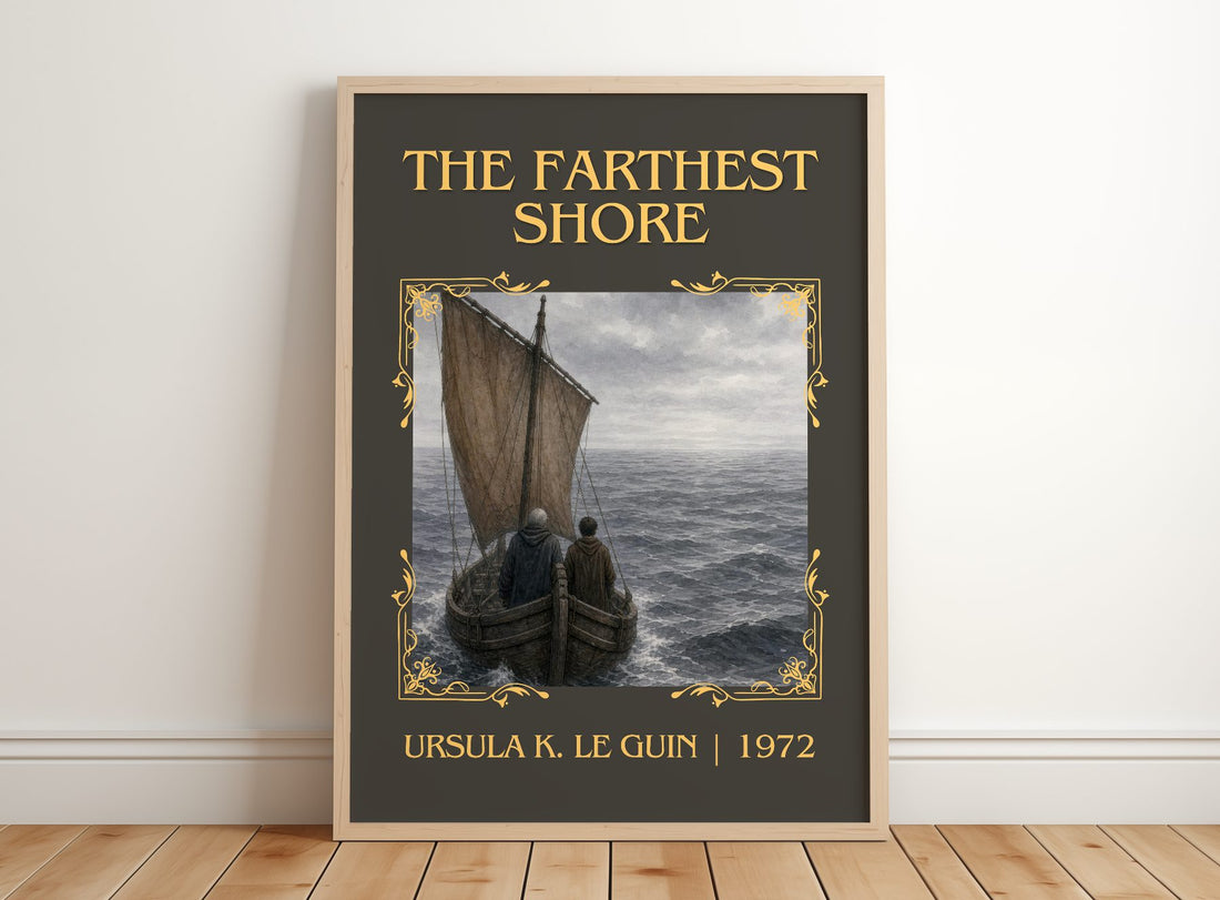 The Farthest Shore Classic Book Art Print by Ursula K. Le Guin – framed print leaning on a wooden floor