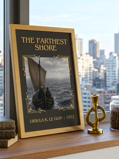 The Farthest Shore Classic Book Art Print by Ursula K. Le Guin – framed print on a city-view windowsill