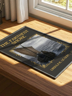 The Farthest Shore Classic Book Art Print by Ursula K. Le Guin – print on a sunlit desk