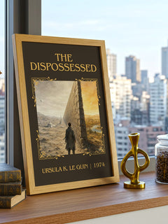 The Dispossessed Classic Book Art Print by Ursula K. Le Guin – framed print on a city-view windowsill