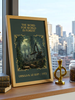 Word for World Is Forest Classic Book Art Print by Ursula K. Le Guin – framed print on a city-view windowsill