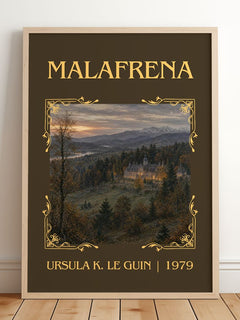 Malafrena Classic Book Art Print by Ursula K. Le Guin – framed print leaning on a wooden floor