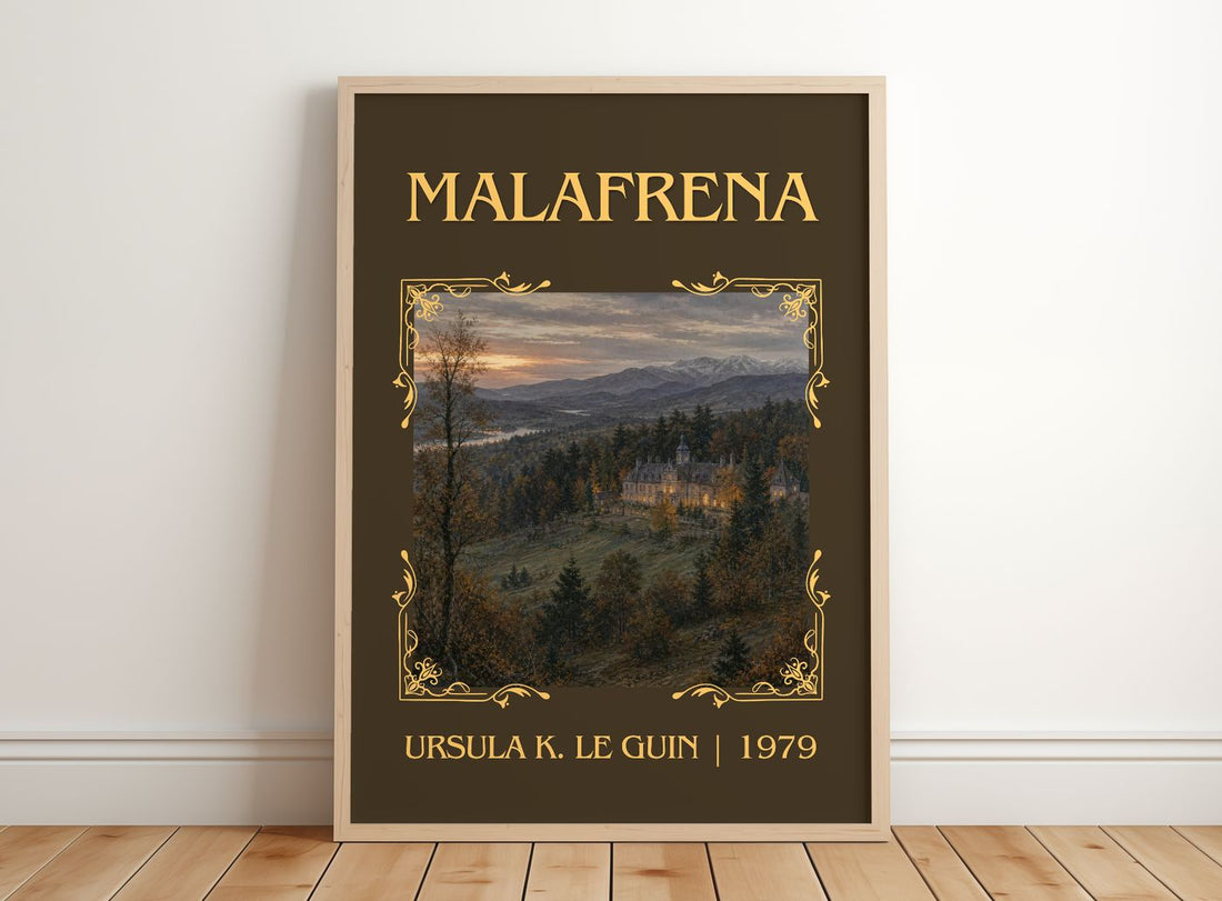 Malafrena Classic Book Art Print by Ursula K. Le Guin – framed print leaning on a wooden floor