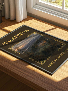 Malafrena Classic Book Art Print by Ursula K. Le Guin – print on a sunlit desk
