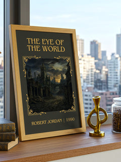 The Eye of the World Classic Book Art Print by Robert Jordan – framed print on a city-view windowsill