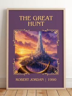 The Great Hunt Classic Book Art Print by Robert Jordan – framed print leaning on a wooden floor