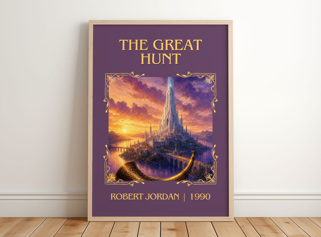 The Great Hunt Classic Book Art Print by Robert Jordan – framed print leaning on a wooden floor