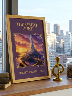 The Great Hunt Classic Book Art Print by Robert Jordan – framed print on a city-view windowsill