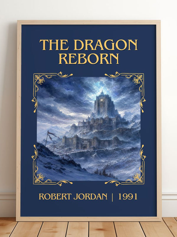 The Dragon Reborn Classic Book Art Print by Robert Jordan – framed print leaning on a wooden floor