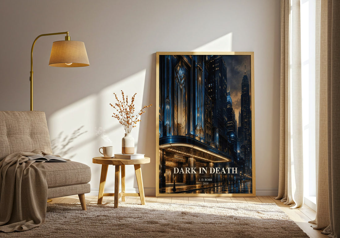 Dark In Death watercolour print in frame leaning in hallway – thriller wall art (mockup)