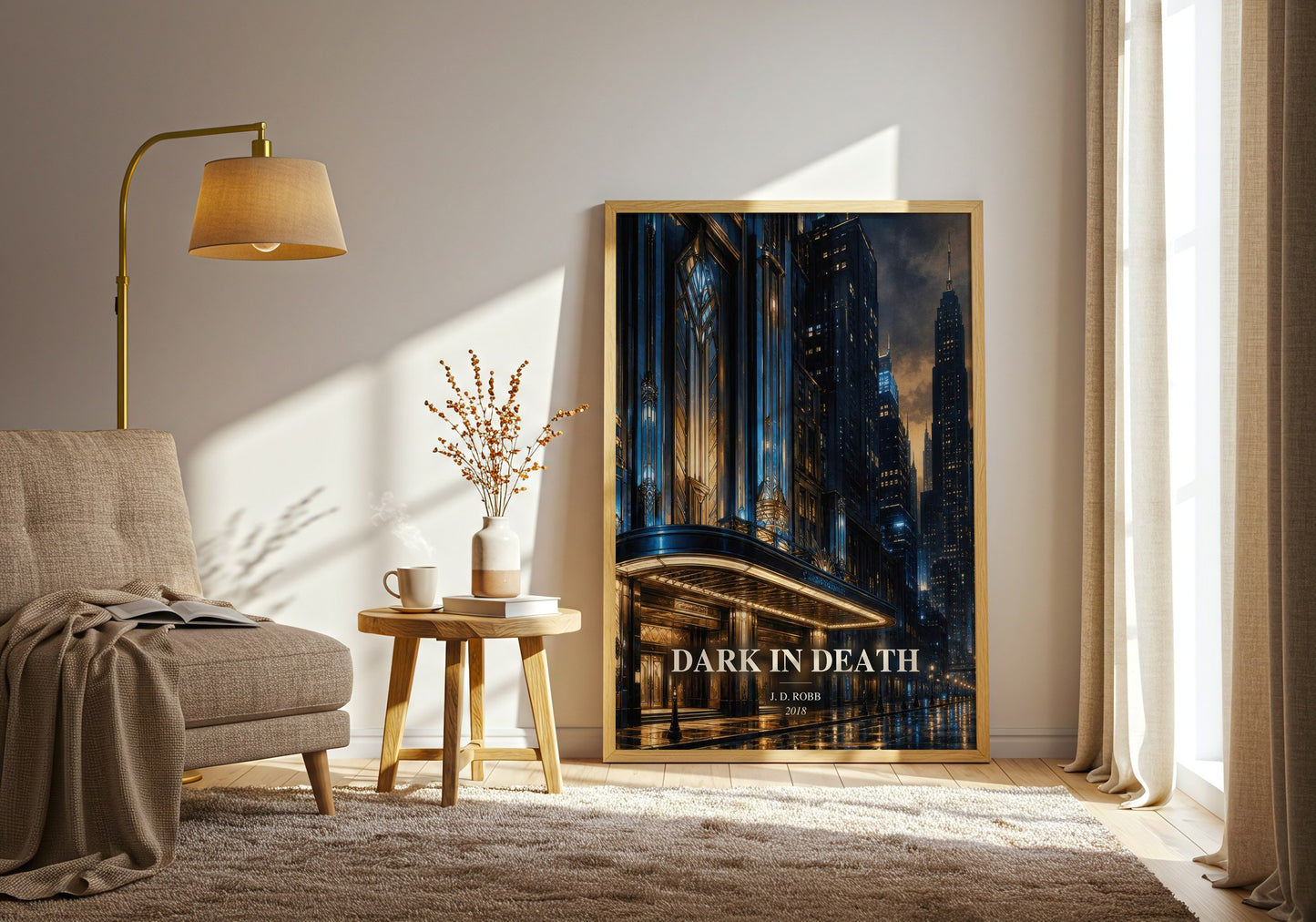 Dark In Death watercolour print in frame leaning in hallway – thriller wall art
