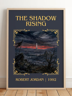 The Shadow Rising Classic Book Art Print by Robert Jordan – framed print leaning on a wooden floor