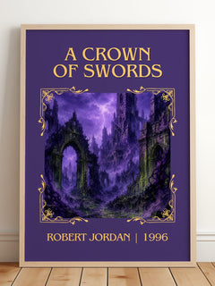 A Crown of Swords Classic Book Art Print by Robert Jordan – framed print leaning on a wooden floor