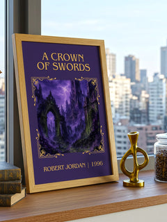 A Crown of Swords Classic Book Art Print by Robert Jordan – framed print on a city-view windowsill