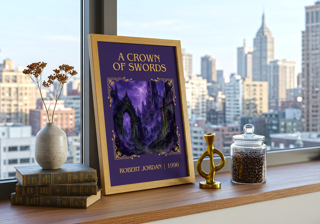 A Crown of Swords Classic Book Art Print by Robert Jordan – framed print on a city-view windowsill