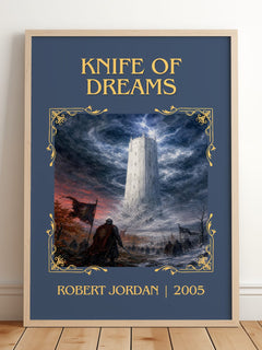 Knife of Dreams Classic Book Art Print by Robert Jordan – framed print leaning on a wooden floor