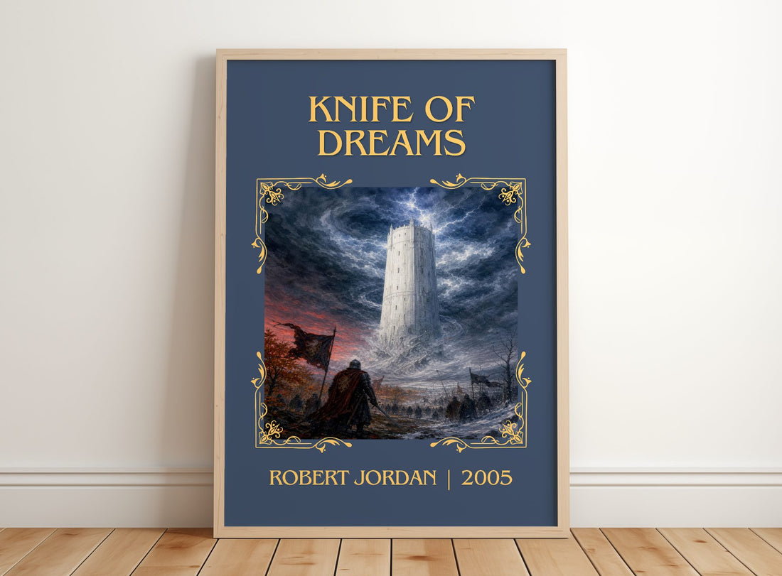 Knife of Dreams Classic Book Art Print by Robert Jordan – framed print leaning on a wooden floor