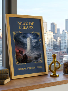 Knife of Dreams Classic Book Art Print by Robert Jordan – framed print on a city-view windowsill