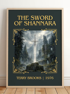The Sword of Shannara Classic Book Art Print by Terry Brooks – framed print leaning on a wooden floor