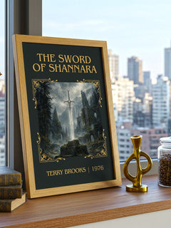 The Sword of Shannara Classic Book Art Print by Terry Brooks – framed print on a city-view windowsill