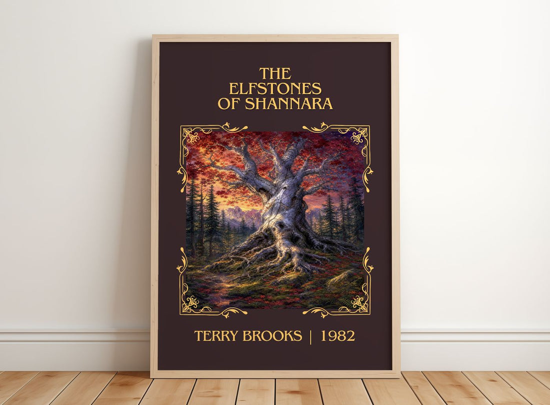 The Elfstones of Shannara Classic Book Art Print by Terry Brooks – framed print leaning on a wooden floor