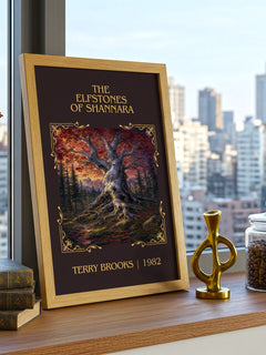 The Elfstones of Shannara Classic Book Art Print by Terry Brooks – framed print on a city-view windowsill