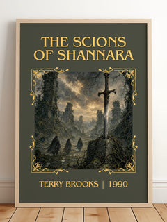 The Scions of Shannara Classic Book Art Print by Terry Brooks – framed print leaning on a wooden floor