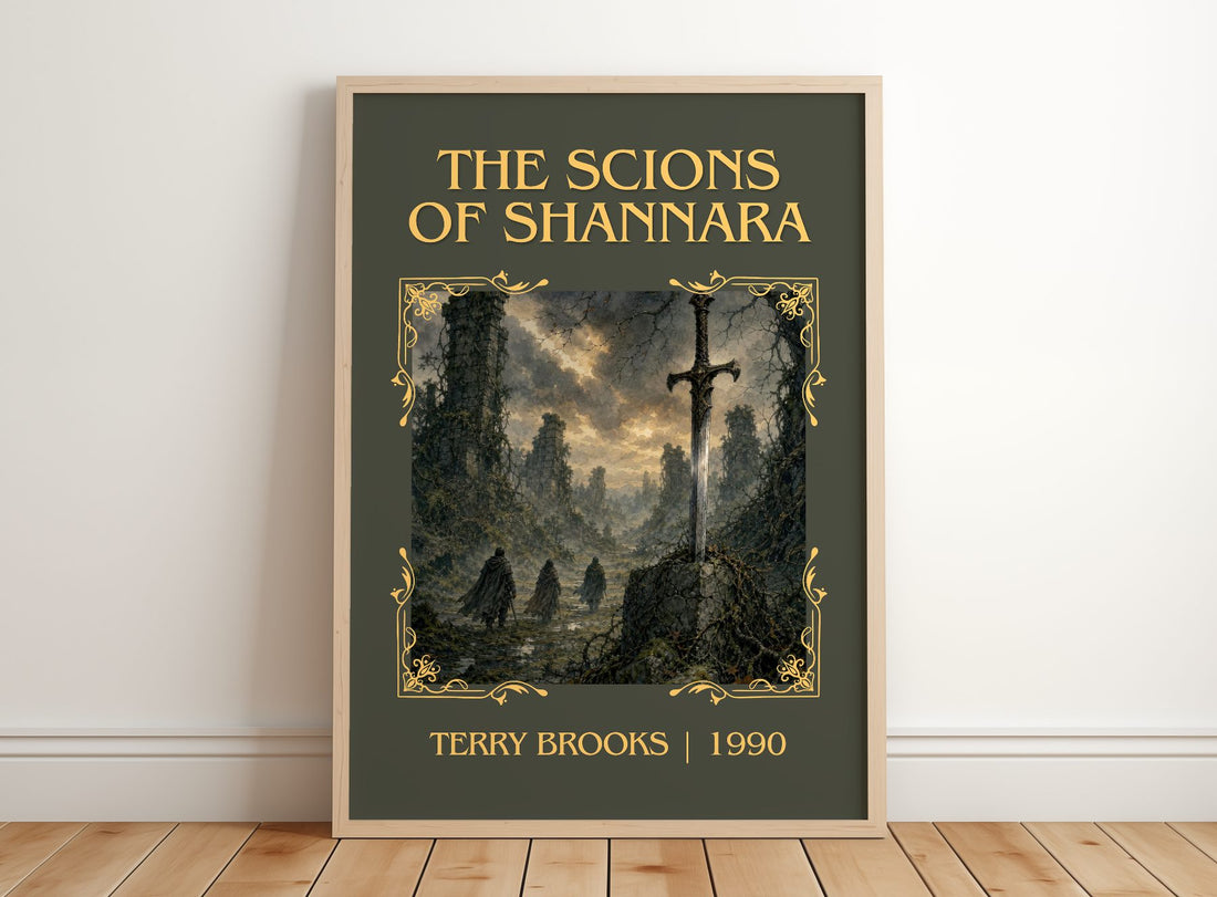 The Scions of Shannara Classic Book Art Print by Terry Brooks – framed print leaning on a wooden floor