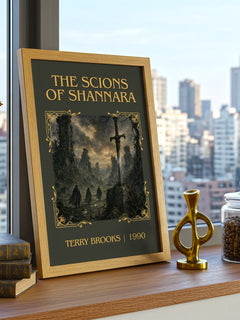 The Scions of Shannara Classic Book Art Print by Terry Brooks – framed print on a city-view windowsill