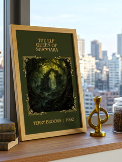 The Elf Queen of Shannara Classic Book Art Print by Terry Brooks – framed print on a city-view windowsill