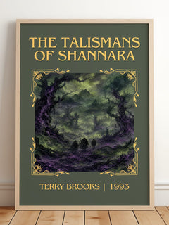 The Talismans of Shannara Classic Book Art Print by Terry Brooks – framed print leaning on a wooden floor