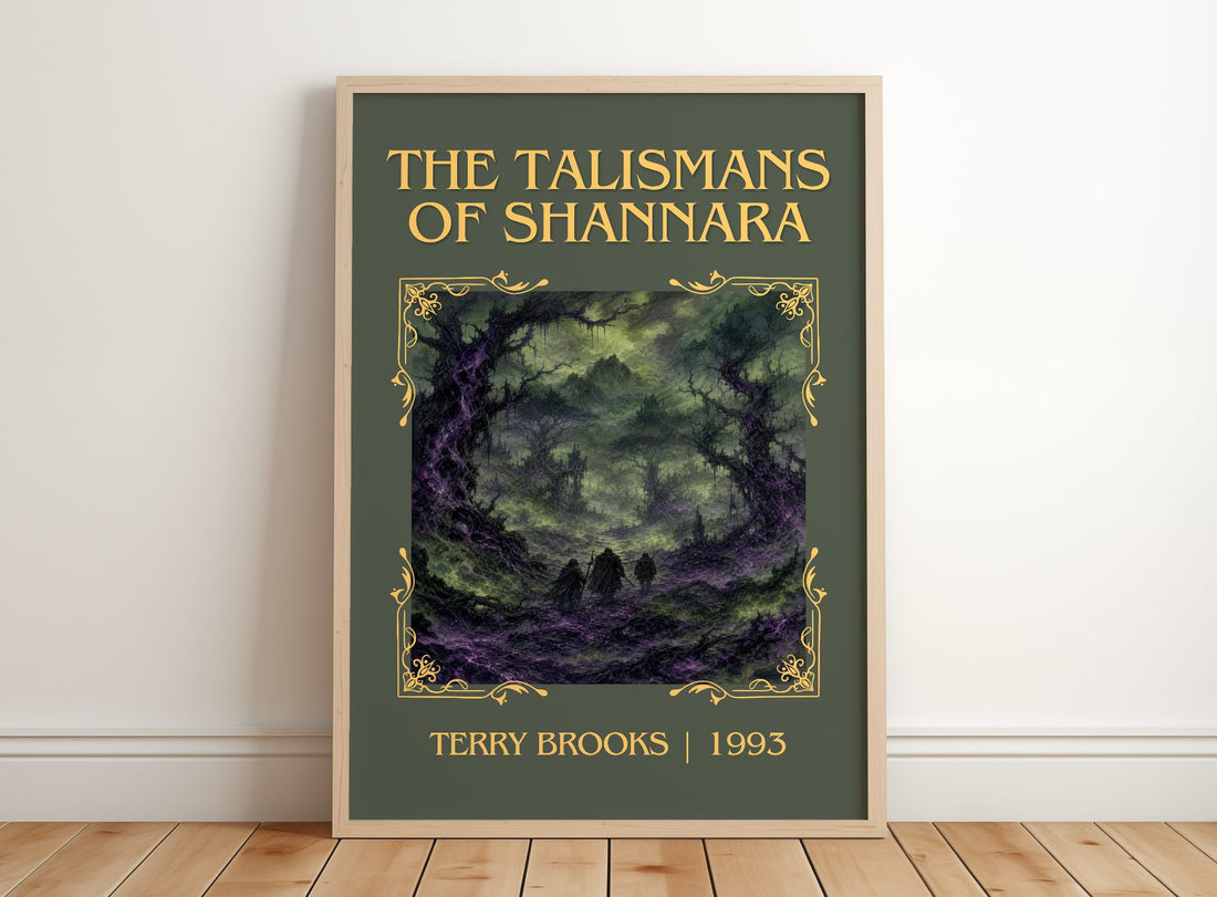The Talismans of Shannara Classic Book Art Print by Terry Brooks – framed print leaning on a wooden floor
