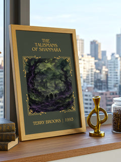The Talismans of Shannara Classic Book Art Print by Terry Brooks – framed print on a city-view windowsill