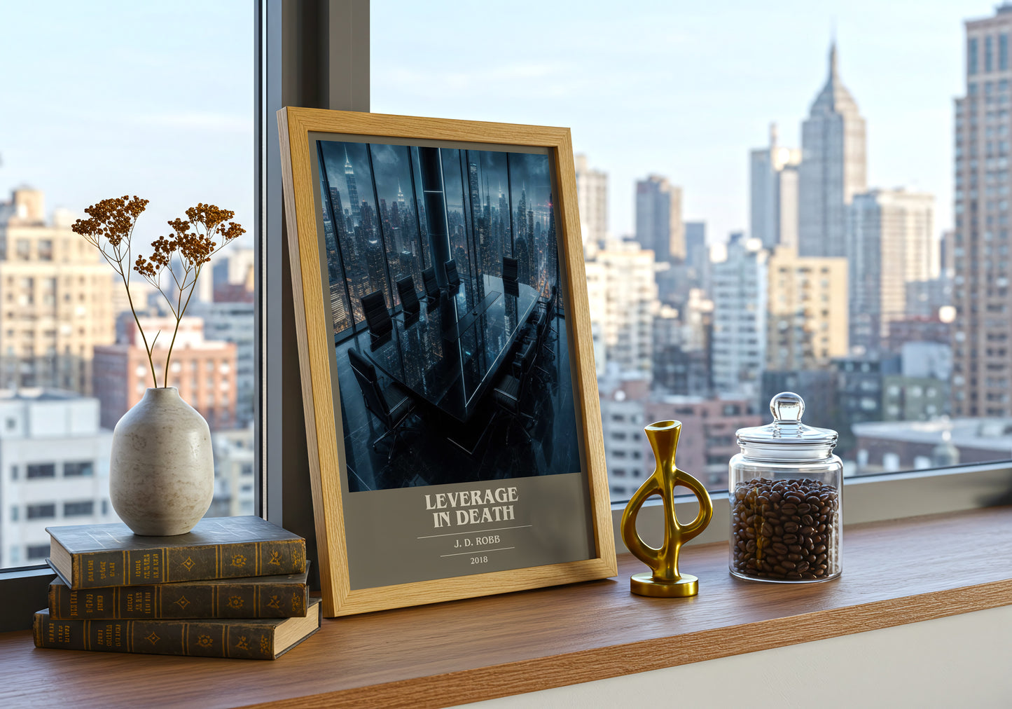 Leverage In Death book cover print framed by window – literary home decor
