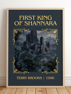 First King of Shannara Classic Book Art Print by Terry Brooks – framed print leaning on a wooden floor