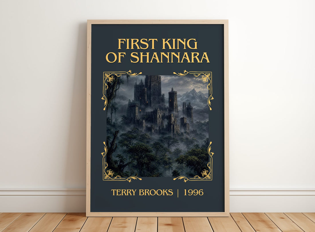 First King of Shannara Classic Book Art Print by Terry Brooks – framed print leaning on a wooden floor