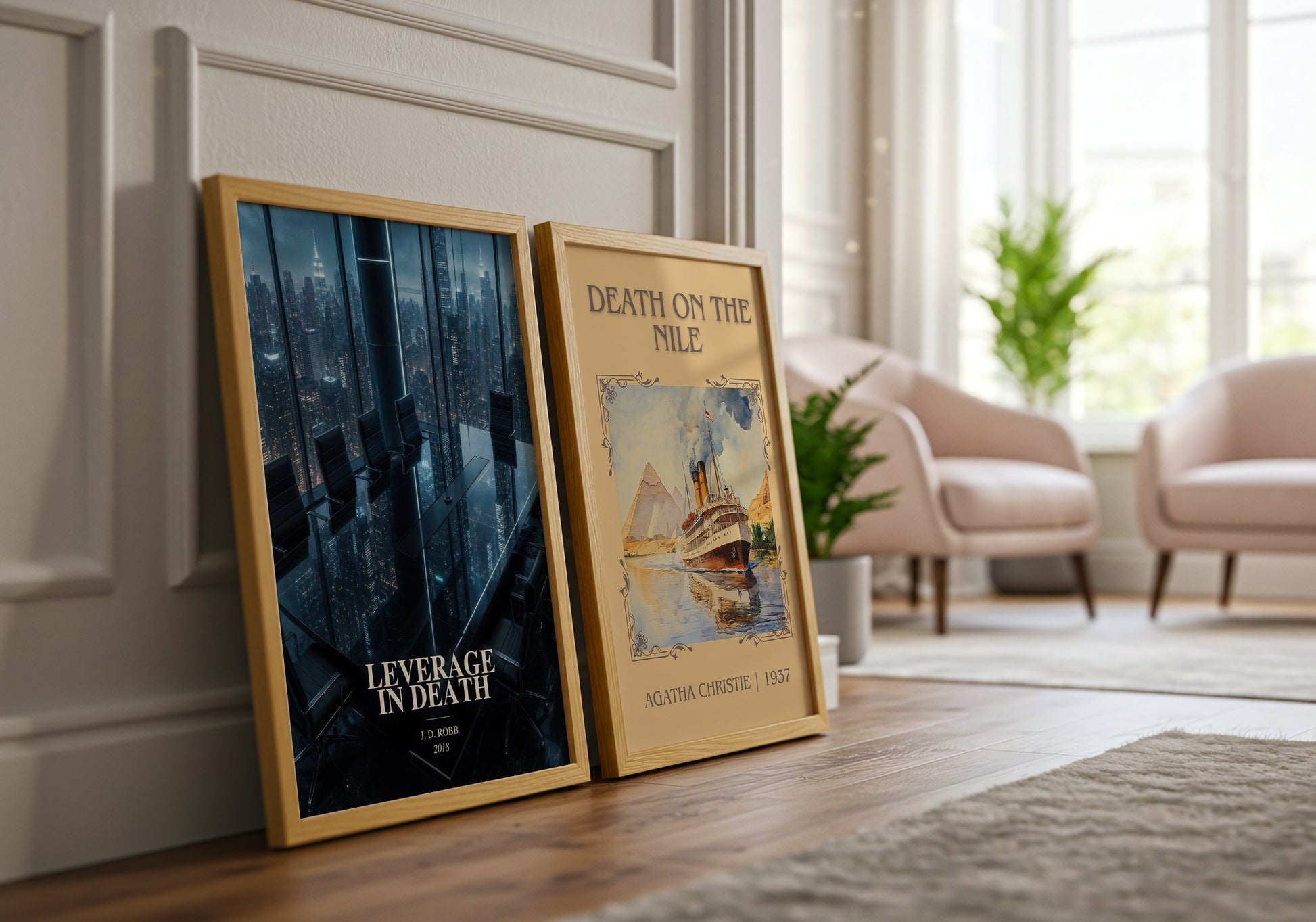 Leverage In Death watercolour print framed by window – literary home decor