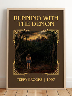 Running with the Demon Classic Book Art Print by Terry Brooks – framed print leaning on a wooden floor