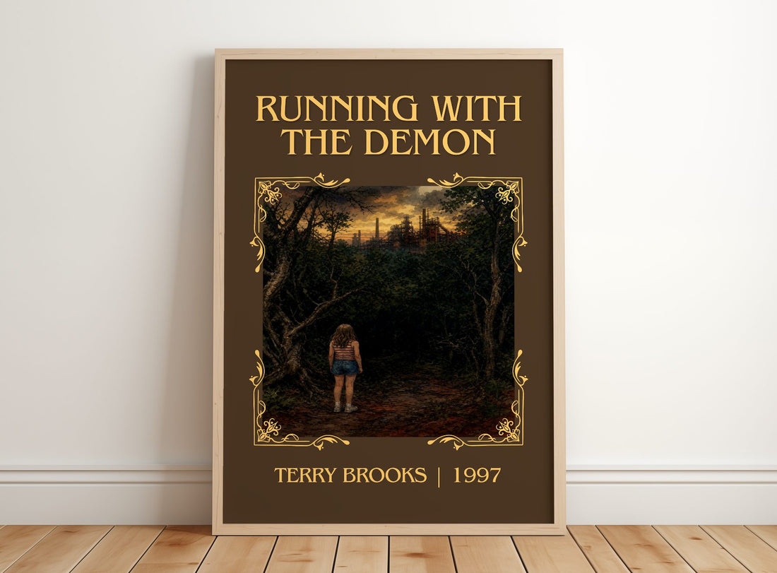 Running with the Demon Classic Book Art Print by Terry Brooks – framed print leaning on a wooden floor