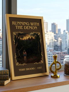 Running with the Demon Classic Book Art Print by Terry Brooks – framed print on a city-view windowsill